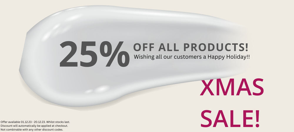 Banner showing 25% off all products this Xmas, 01.12.23-20.12.23 and wishing all our customers a happy holiday!